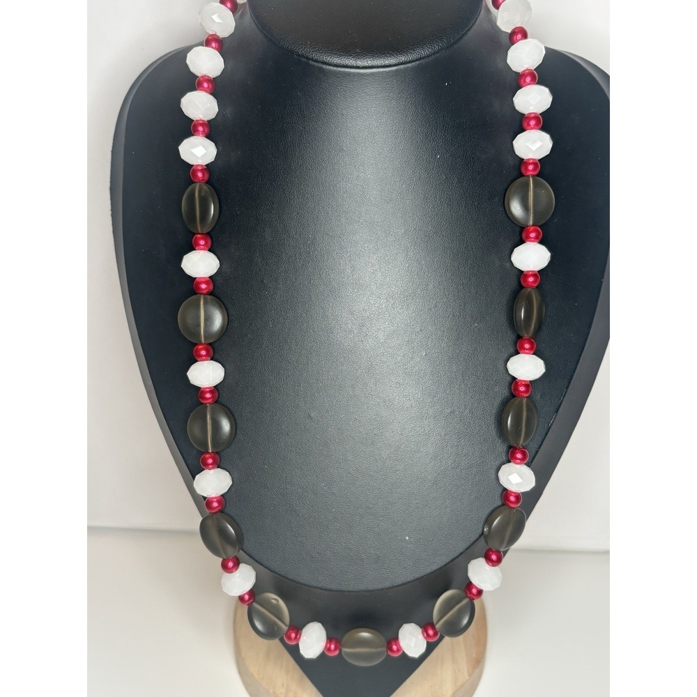Vintage Frosted Gray Glass Bead Necklace 24" White Faceted Glass Magnetic Clasp